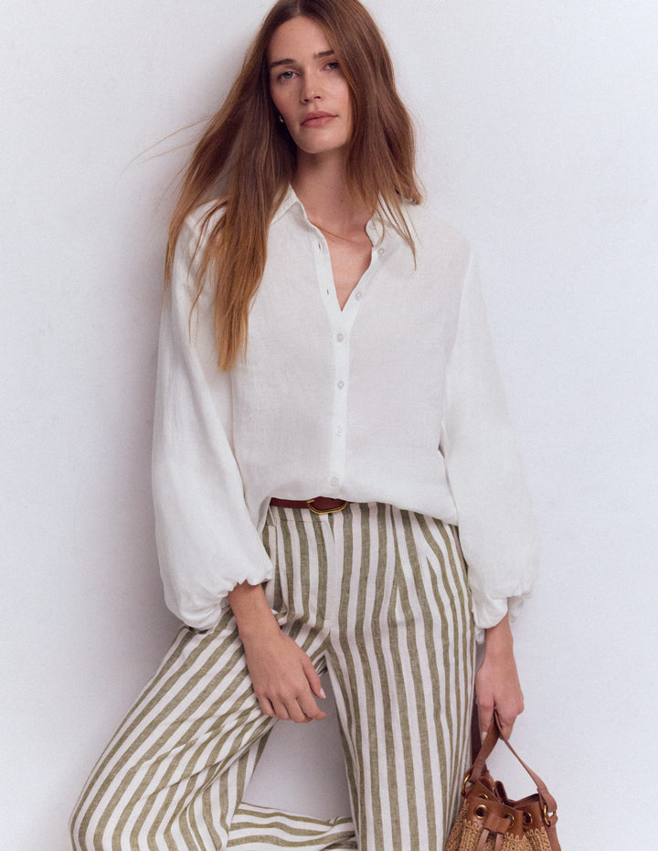 Puff Sleeve Linen Shirt-White