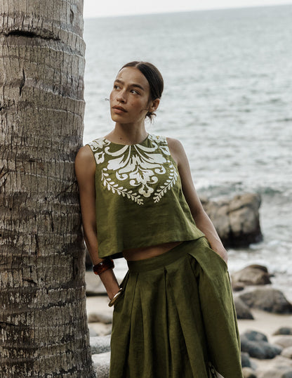 Sofia Embroidered Linen Top-Winter moss, Ivory EMB-1