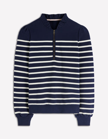 Half-Zip Frill Sweatshirt-Navy, Ivory Stripe-7
