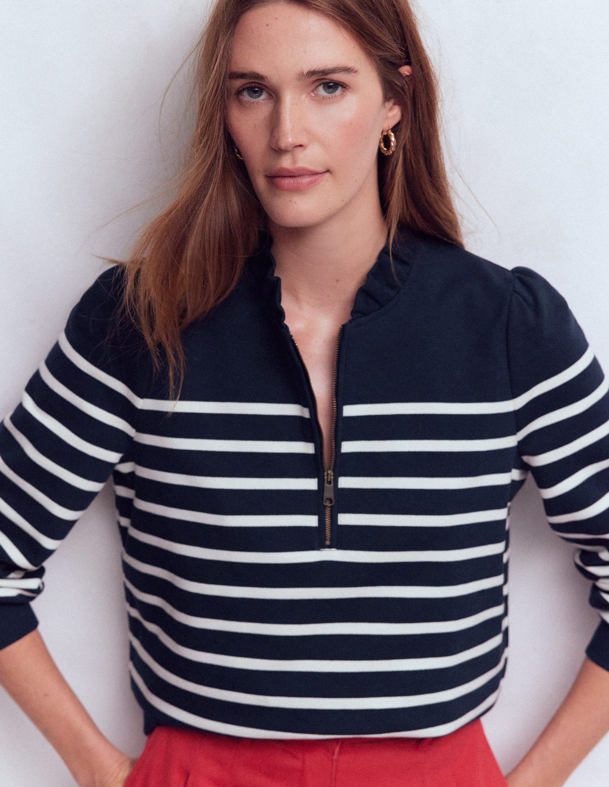 Half-Zip Frill Sweatshirt-Navy, Ivory Stripe-4