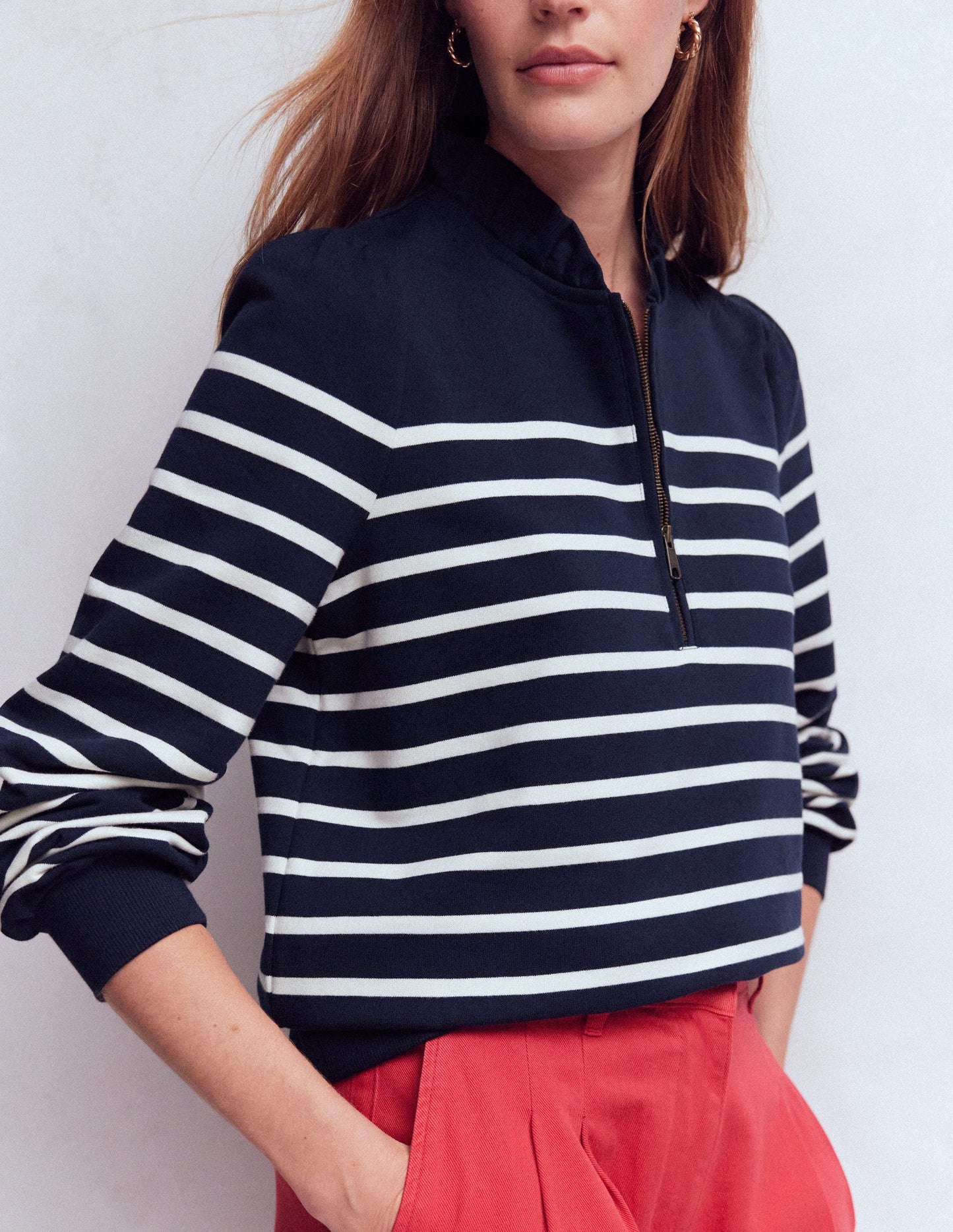Half-Zip Frill Sweatshirt-Navy, Ivory Stripe