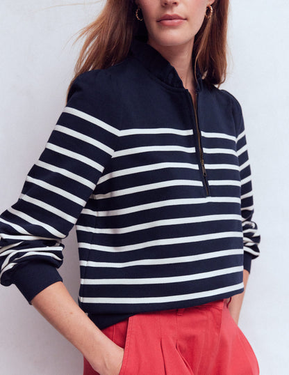 Half-Zip Frill Sweatshirt-Navy, Ivory Stripe-5