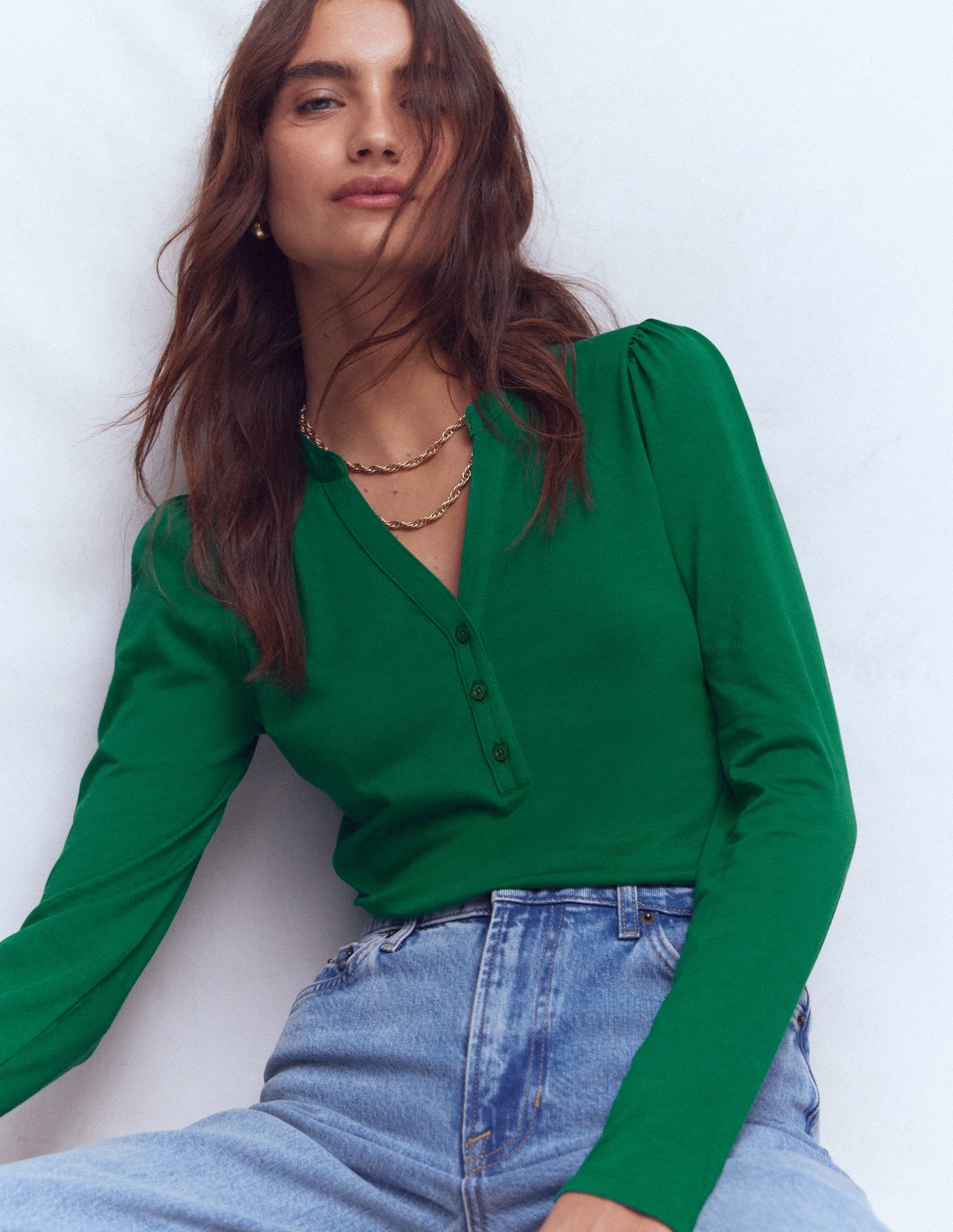 Supersoft Open Neck Henley-Jewel Green - Image 1