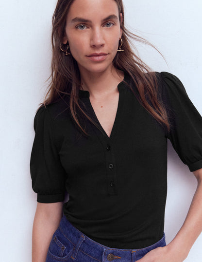 Short Sleeve Open Neck Henley-Black-4