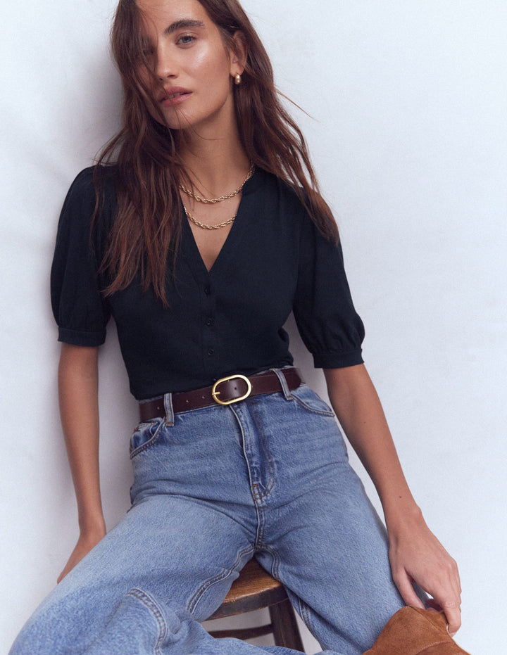 Short Sleeve Open Neck Henley-Navy