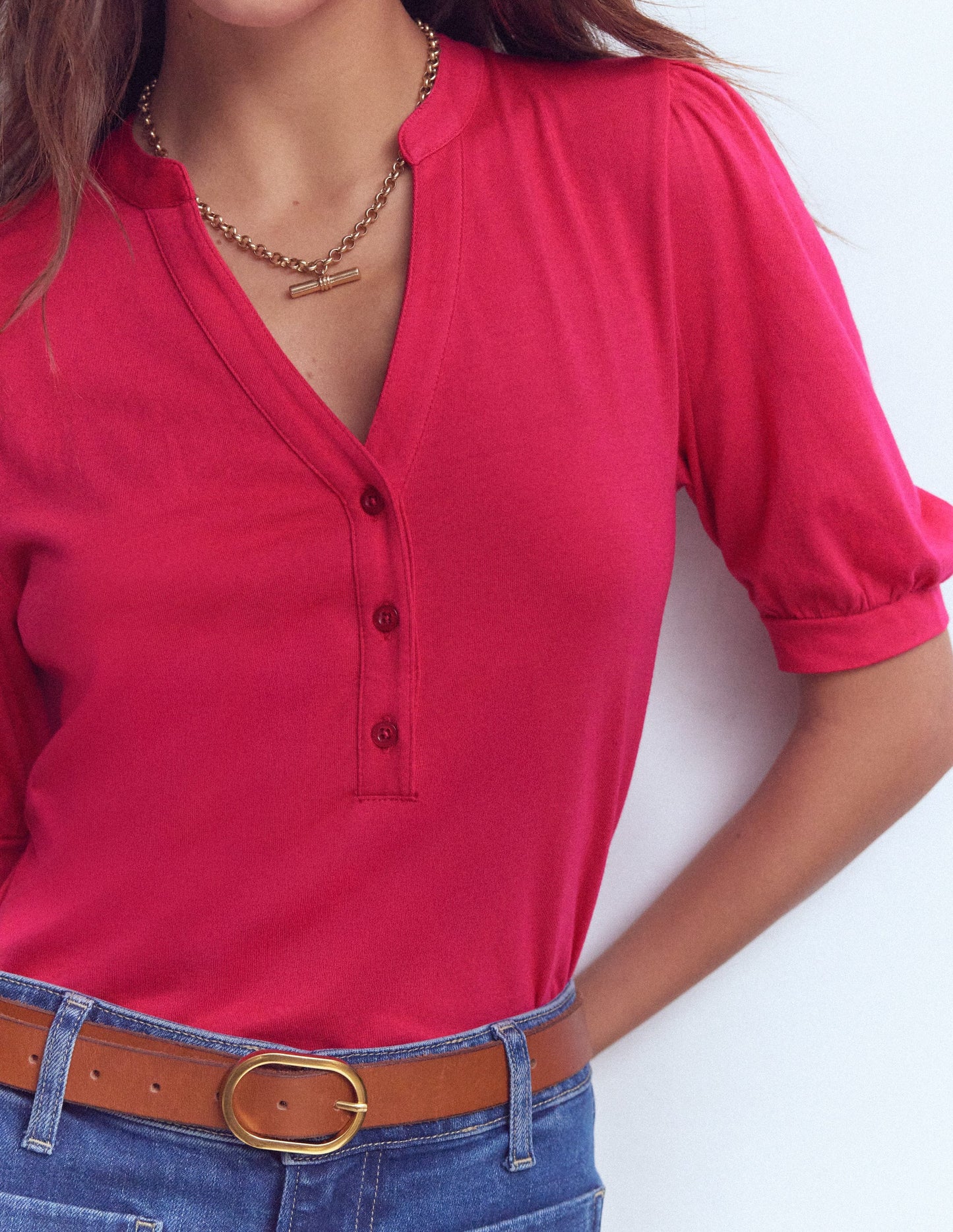 Short Sleeve Open Neck Henley-Pomegranate
