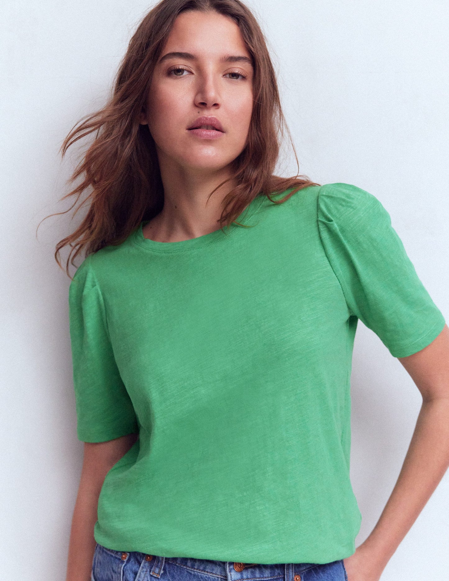 Pleat Sleeve T-shirt-Aloe Green