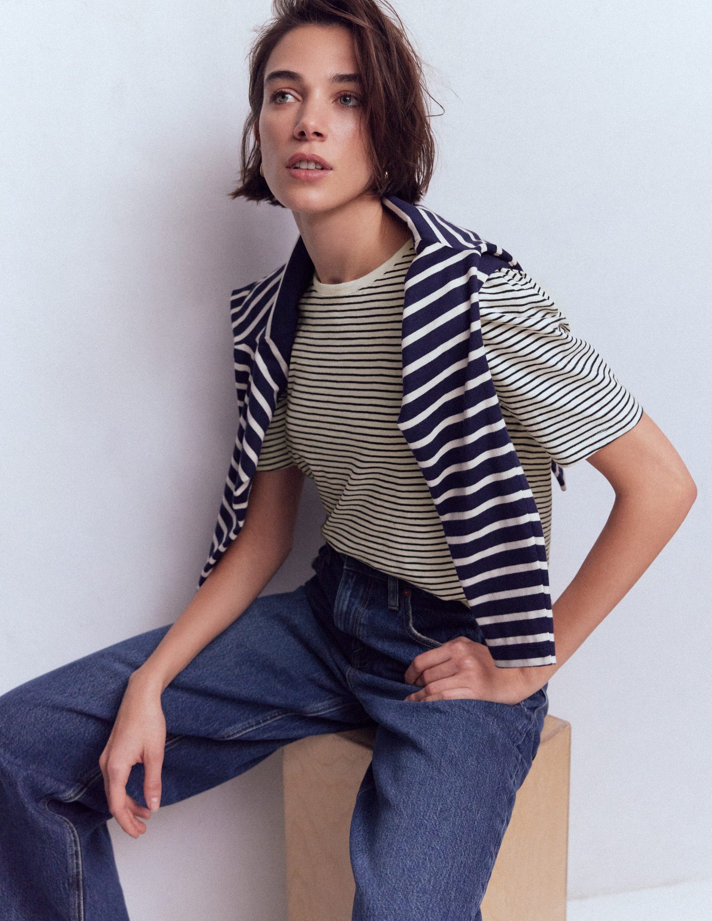 Pleat Sleeve T-shirt-Navy and Ivory Stripe