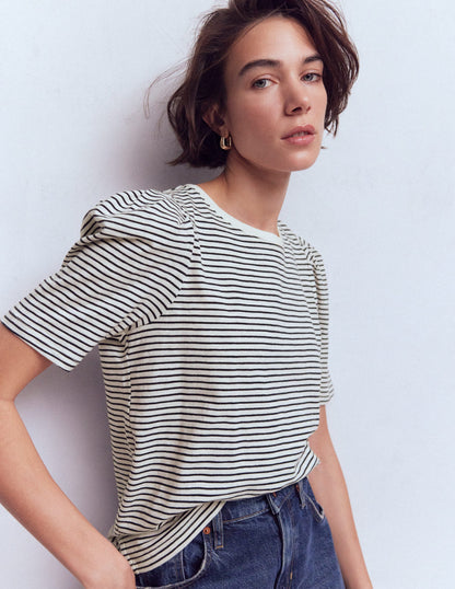 Pleat Sleeve T-shirt-Navy and Ivory Stripe-2