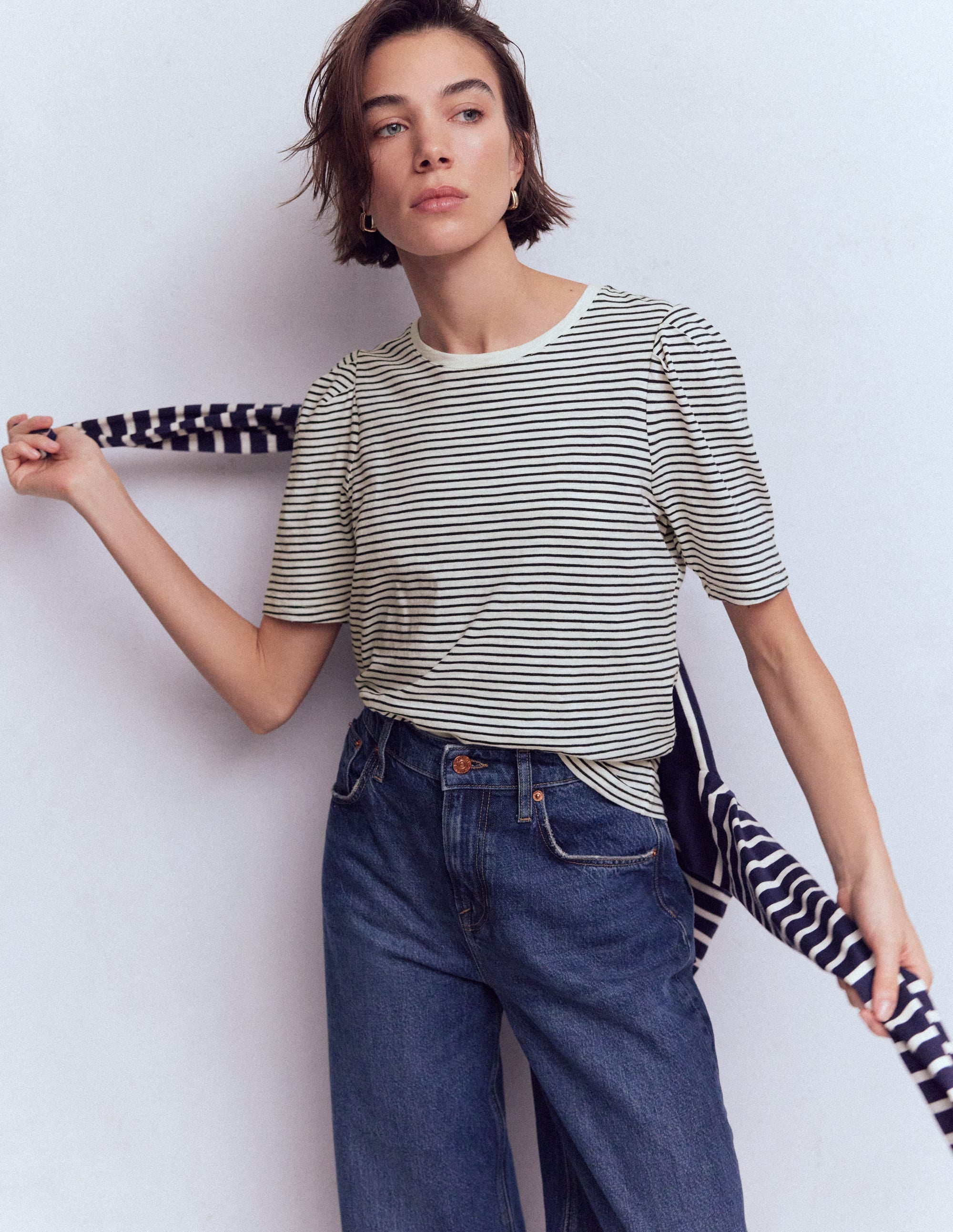 Sophie Puff Sleeve T-shirt-Navy and Ivory Stripe - Image 3