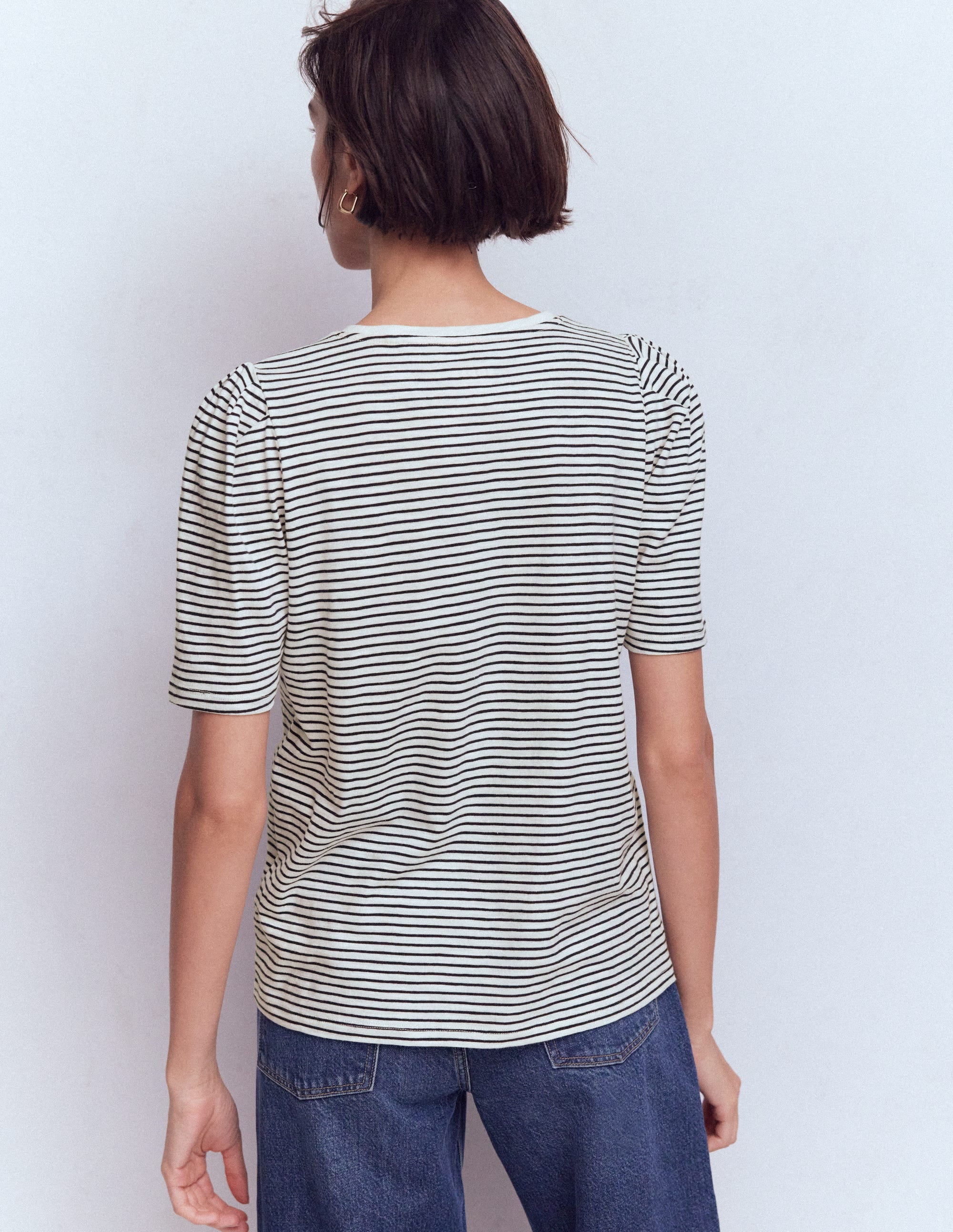 Sophie Puff Sleeve T-shirt-Navy and Ivory Stripe - Image 4