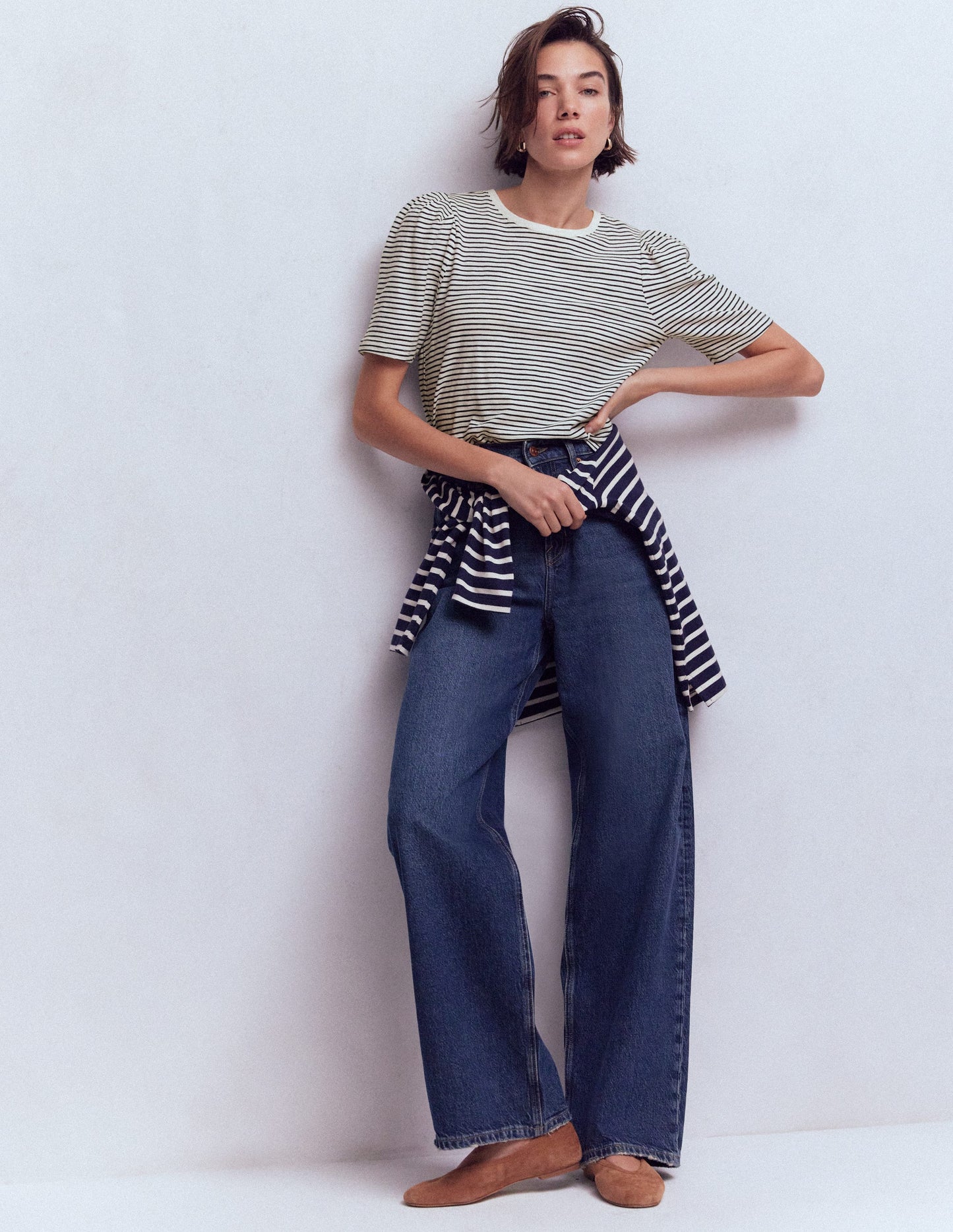 Pleat Sleeve T-shirt-Navy and Ivory Stripe