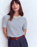 Sophie Puff Sleeve T-shirt-Beaucoup Blue and Ivory Stripe