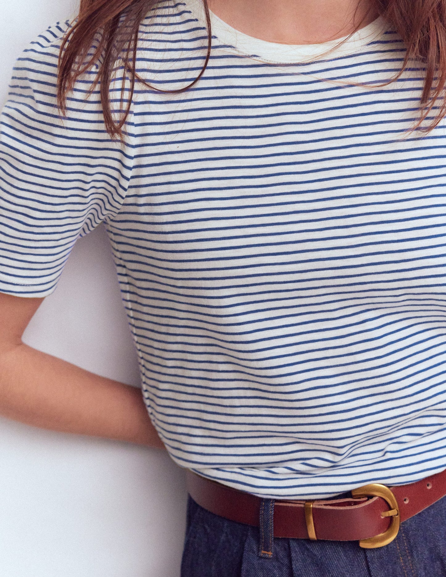 Pleat Sleeve T-shirt-Beaucoup Blue and Ivory Stripe