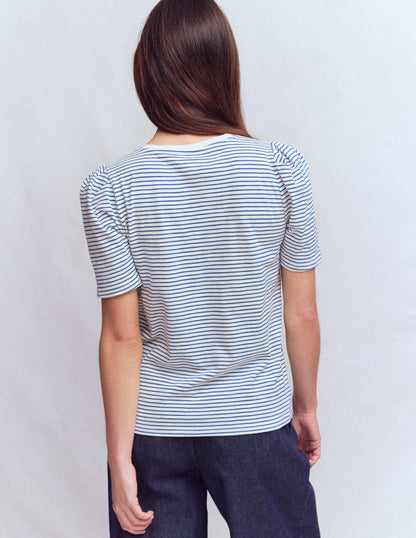 Pleat Sleeve T-shirt-Beaucoup Blue and Ivory Stripe-3