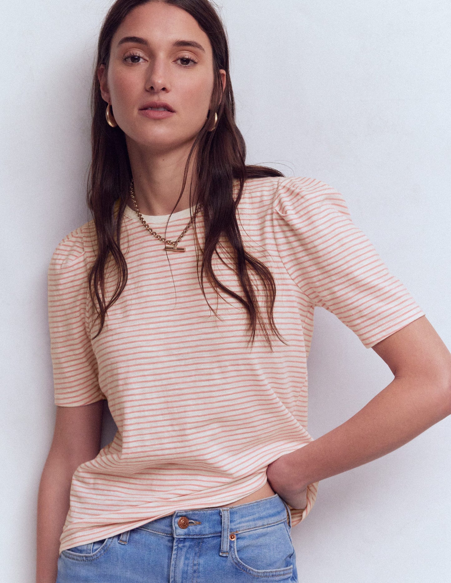 Pleat Sleeve T-shirt-Formica Pink and Ivory Stripe