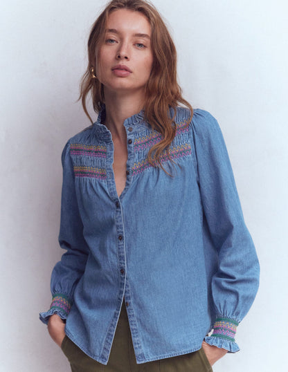 Esme Smocked Denim Frill Top-Light Vintage-2