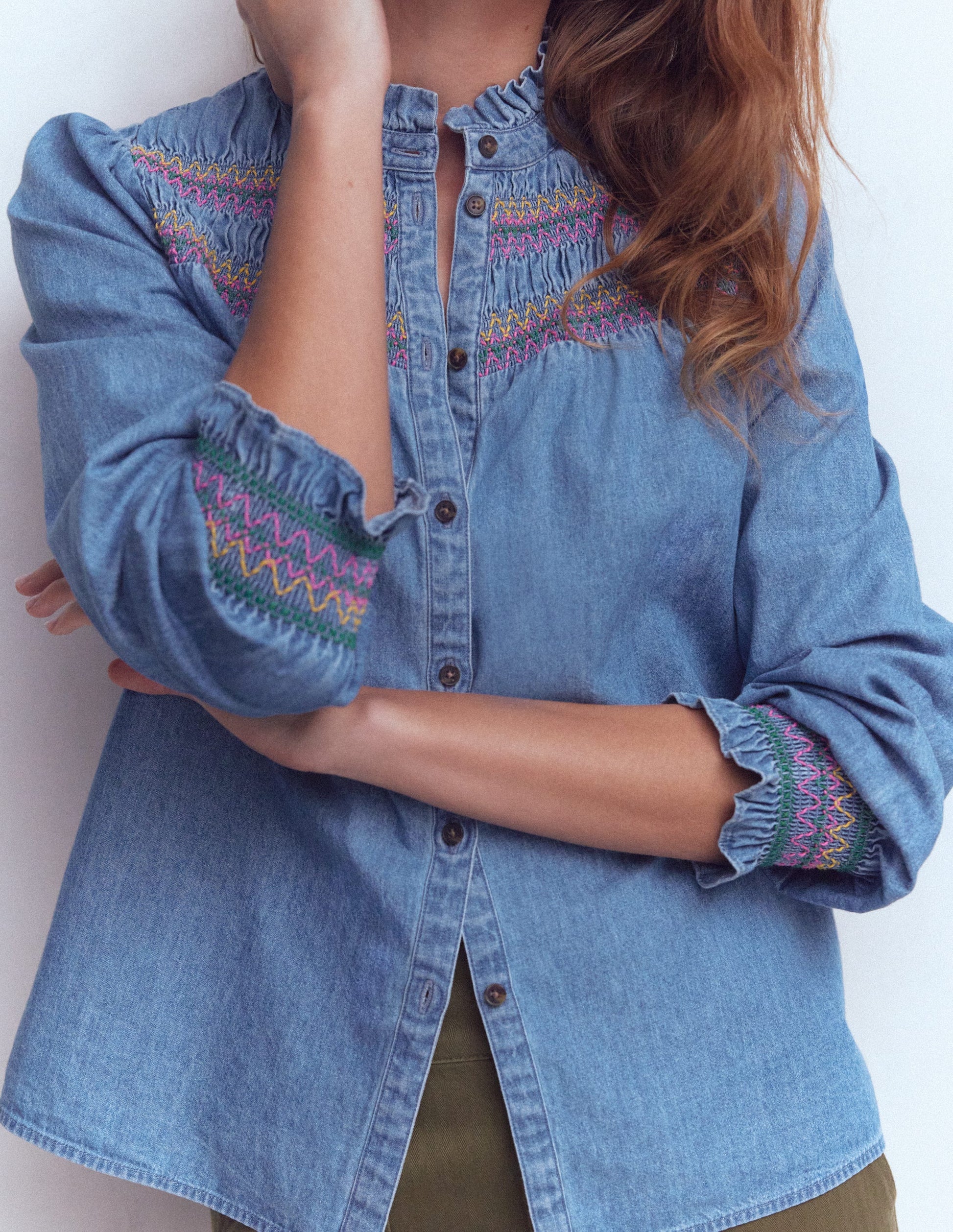 Esme Smocked Denim Frill Top-Light Vintage-3