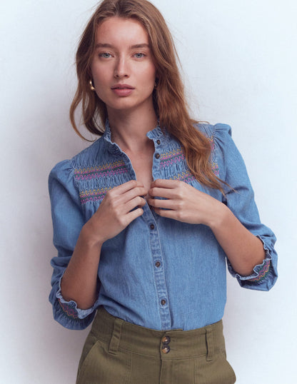 Esme Smocked Denim Frill Top-Light Vintage-6