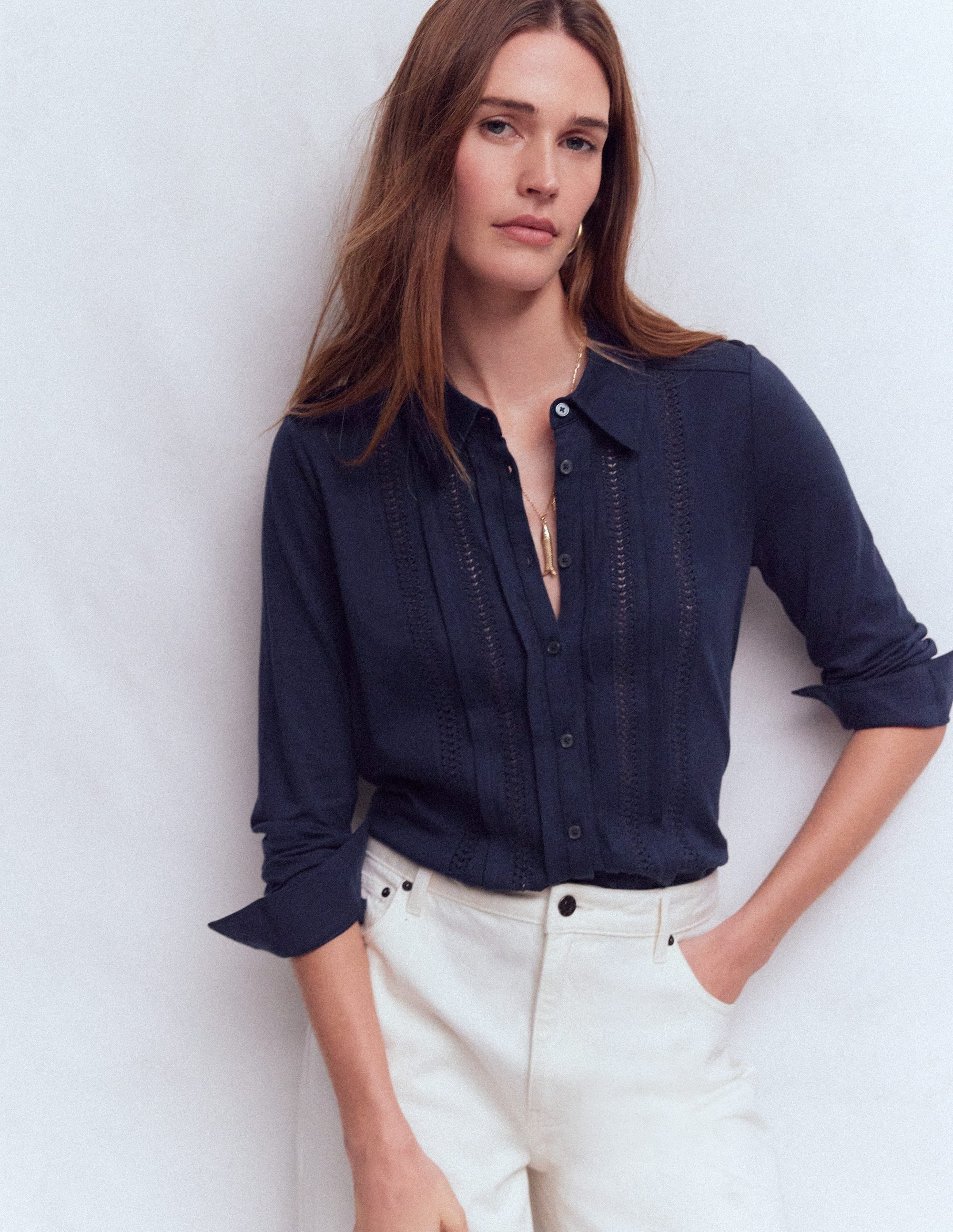 Trim Detail Jersey Shirt-Navy - Image 1