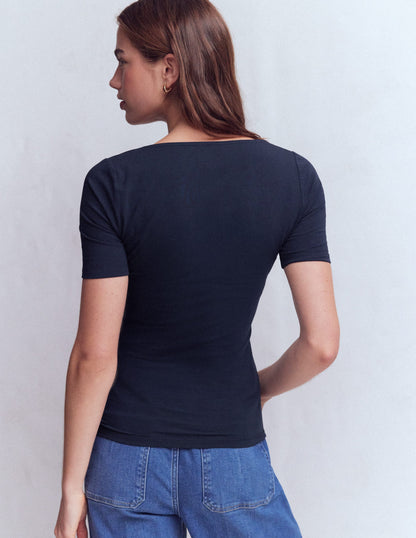 Double Layer Square Neck Tee-Navy-3