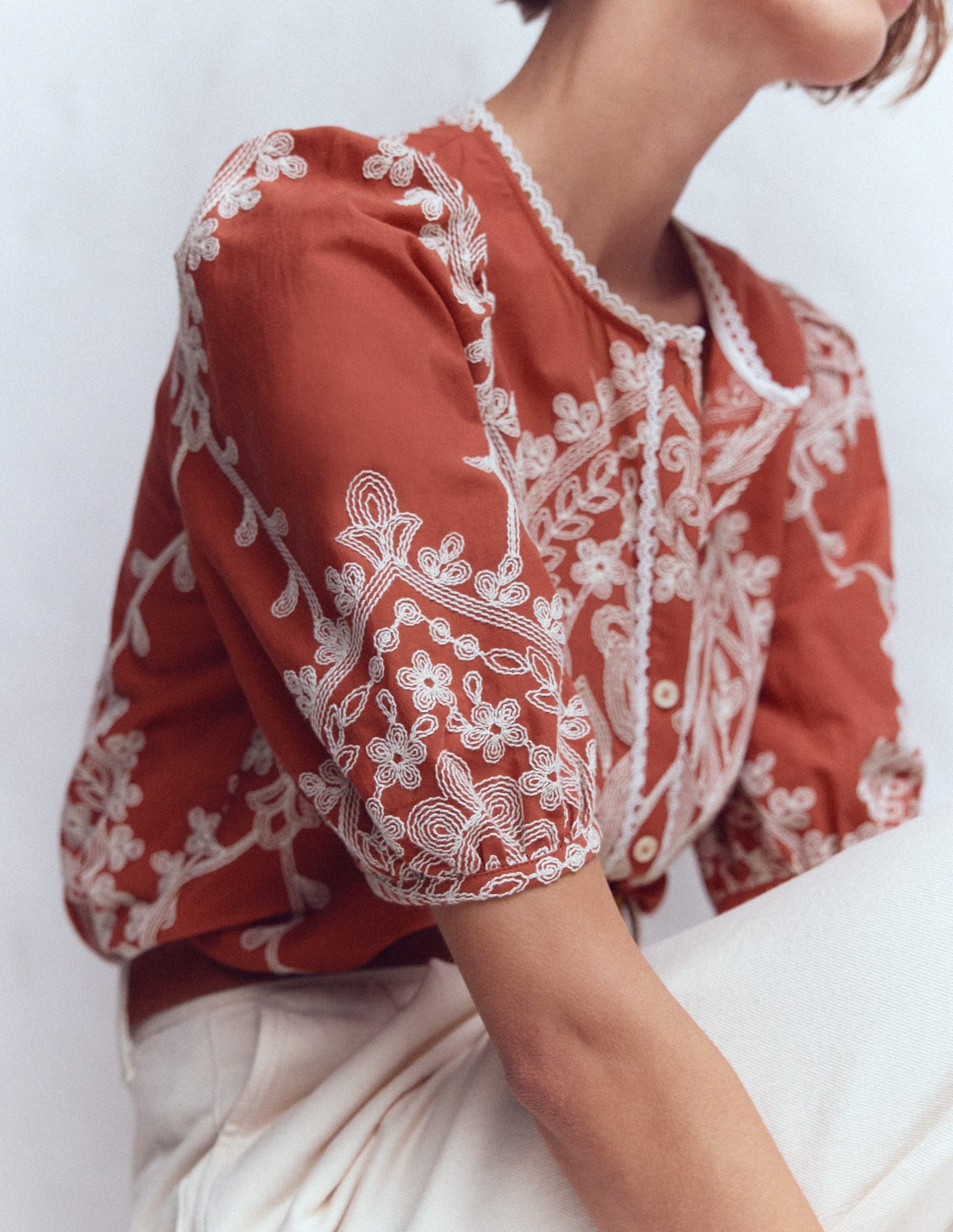 Leah Short Sleeve Interest Top-Red Floral Embroidery-2