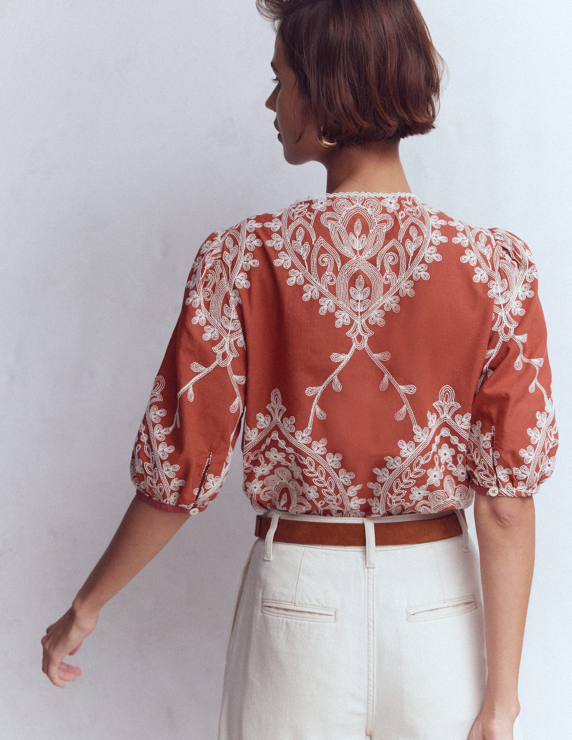 Leah Short Sleeve Interest Top-Red Floral Embroidery-3