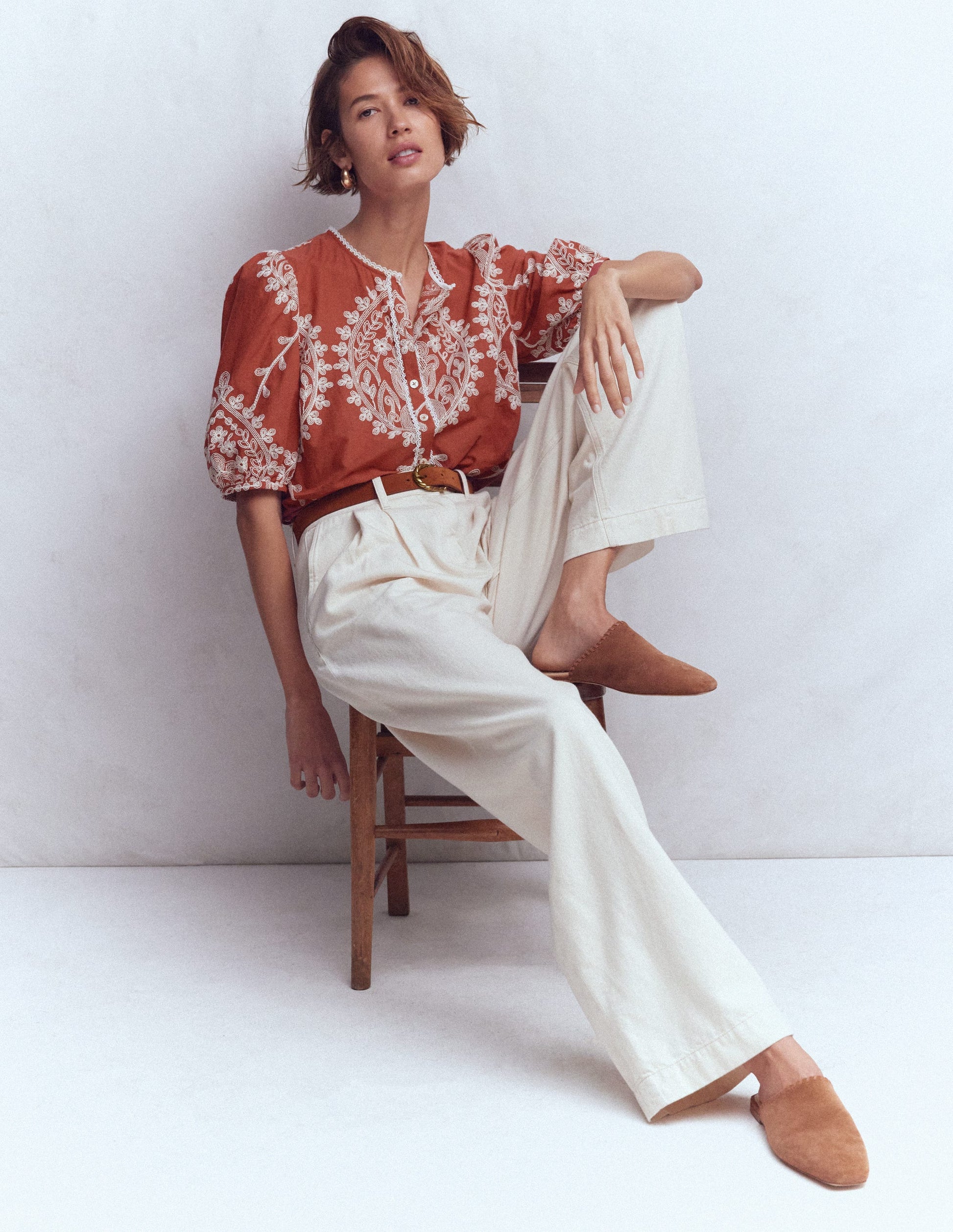 Leah Short Sleeve Interest Top-Red Floral Embroidery-4