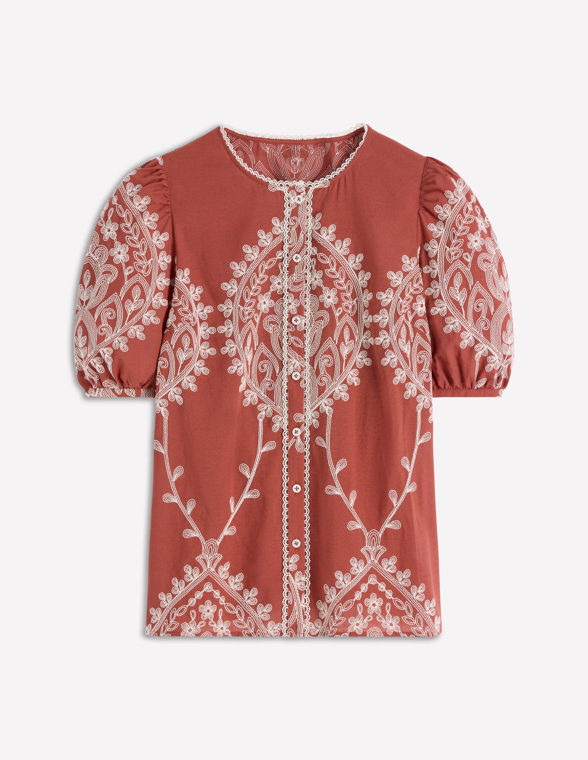 Leah Short Sleeve Interest Top-Red Floral Embroidery-6
