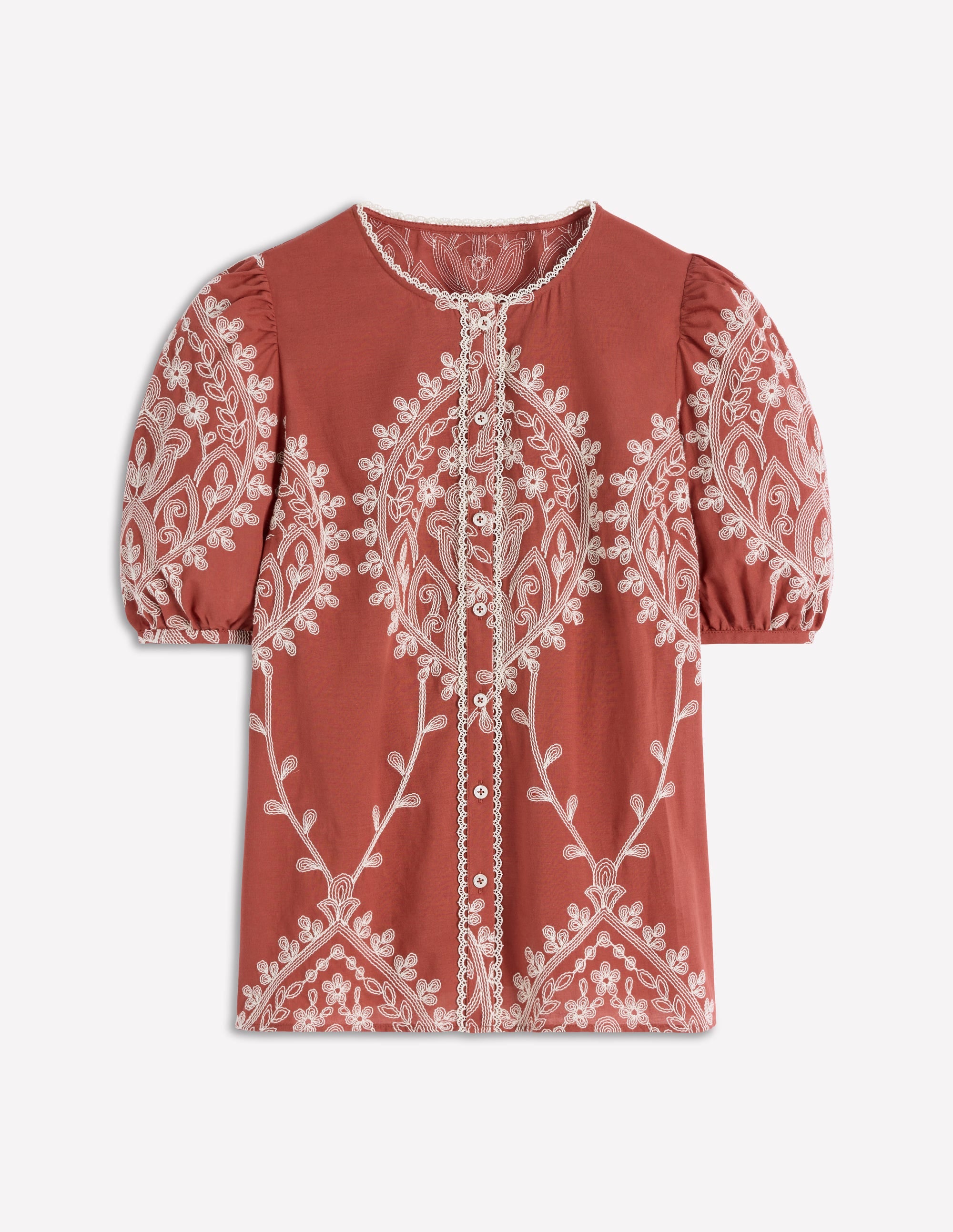 Leah Short Sleeve Interest Top-Red Floral Embroidery - Image 6