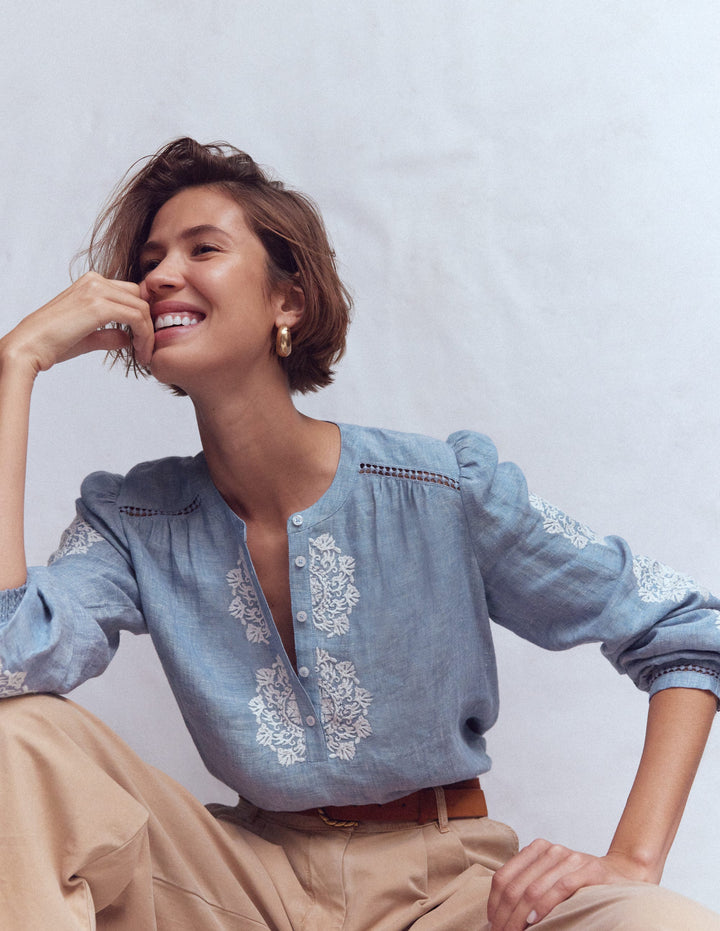 Embroidered Trim Interest Top-Chambray, Ivory Embroidery