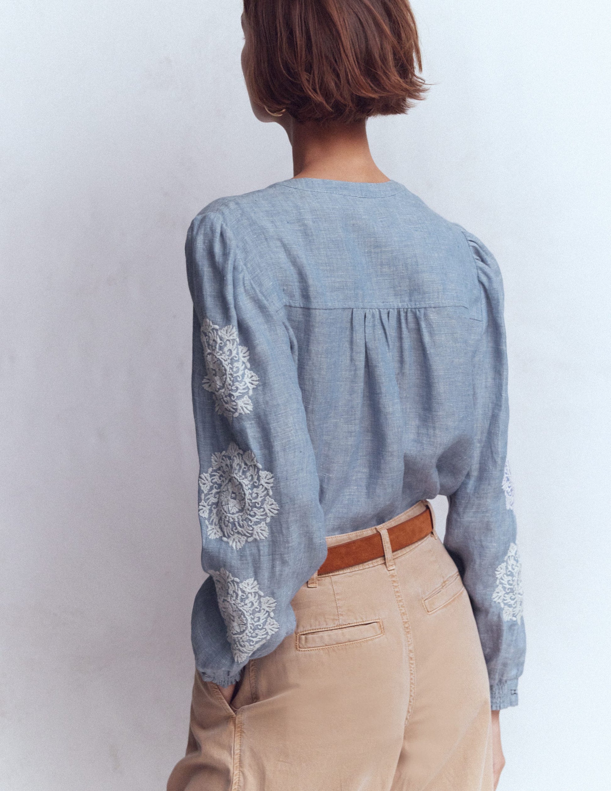 Embroidered Trim Interest Top-Chambray, Ivory Embroidery-3