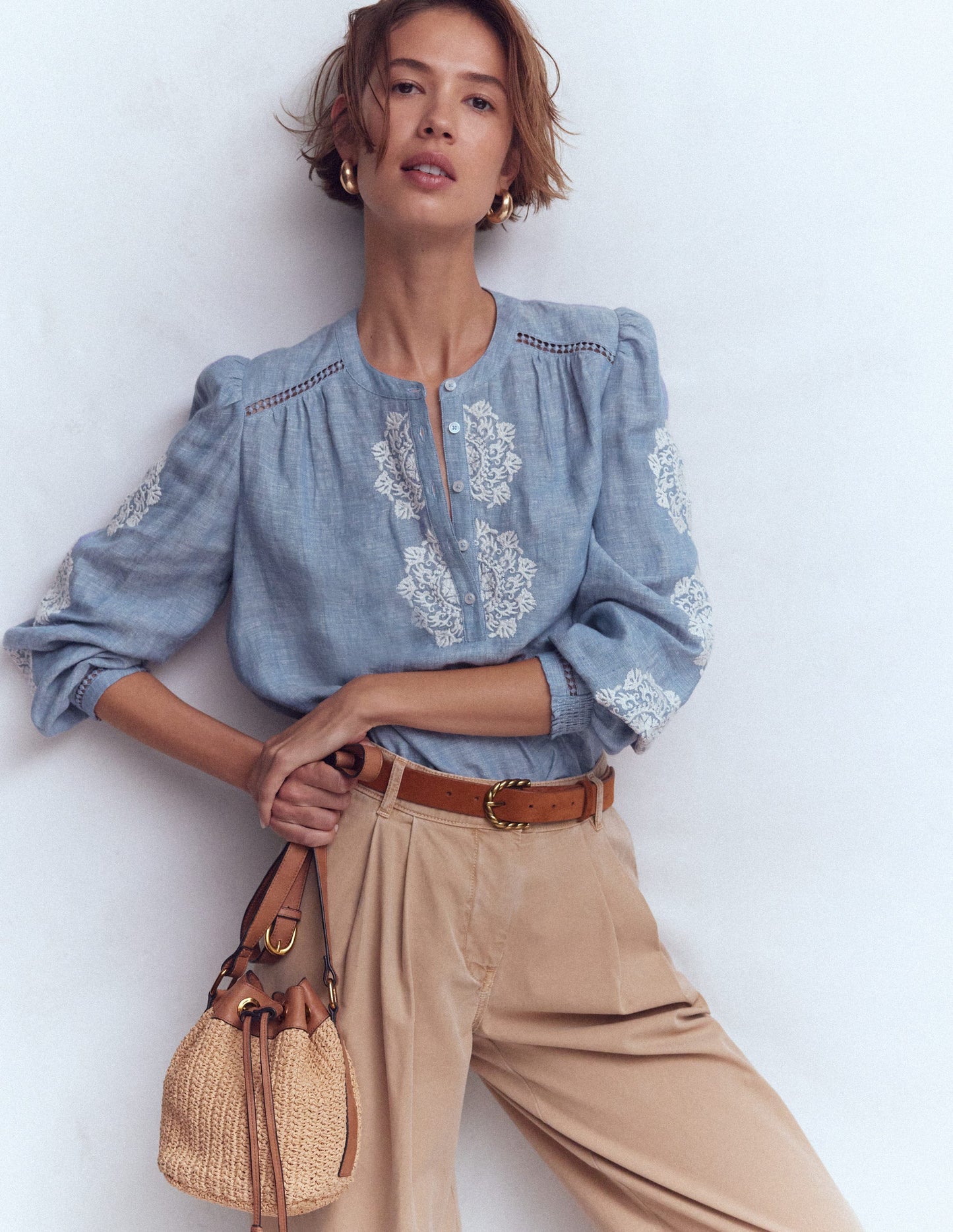Embroidered Trim Interest Top-Chambray, Ivory Embroidery