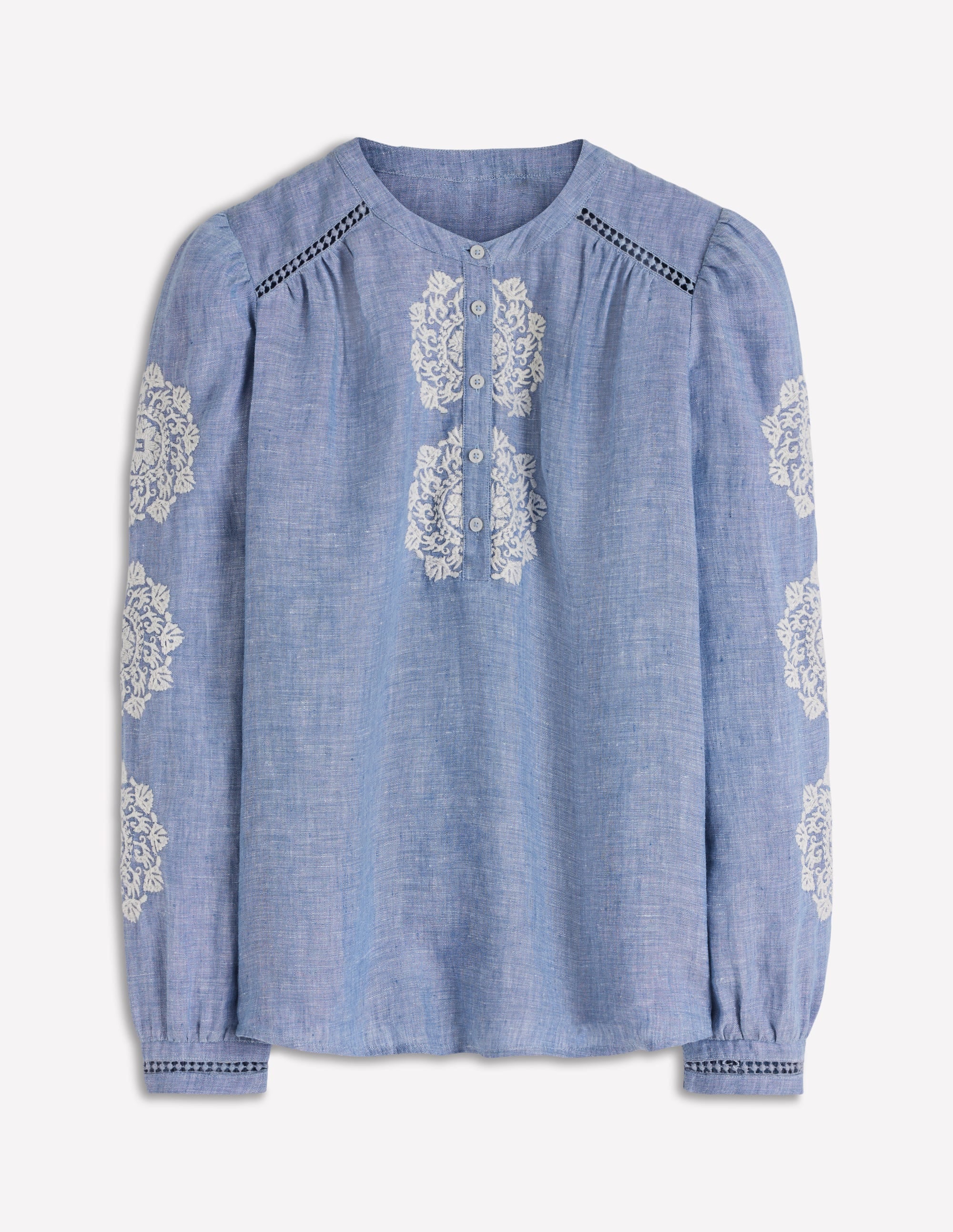 Embroidered Trim Interest Top-Chambray - Image 6