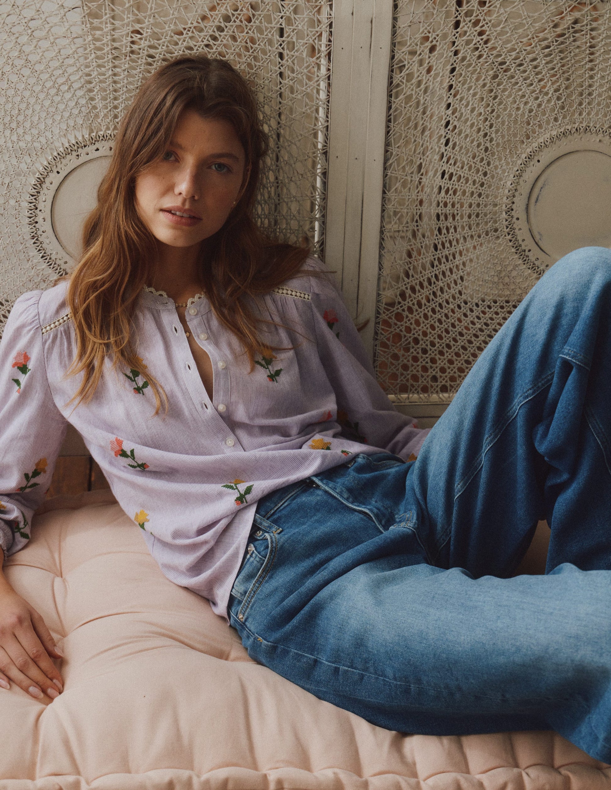 Embroidered Trim Interest Top-Purple Stripe Embroidery-1