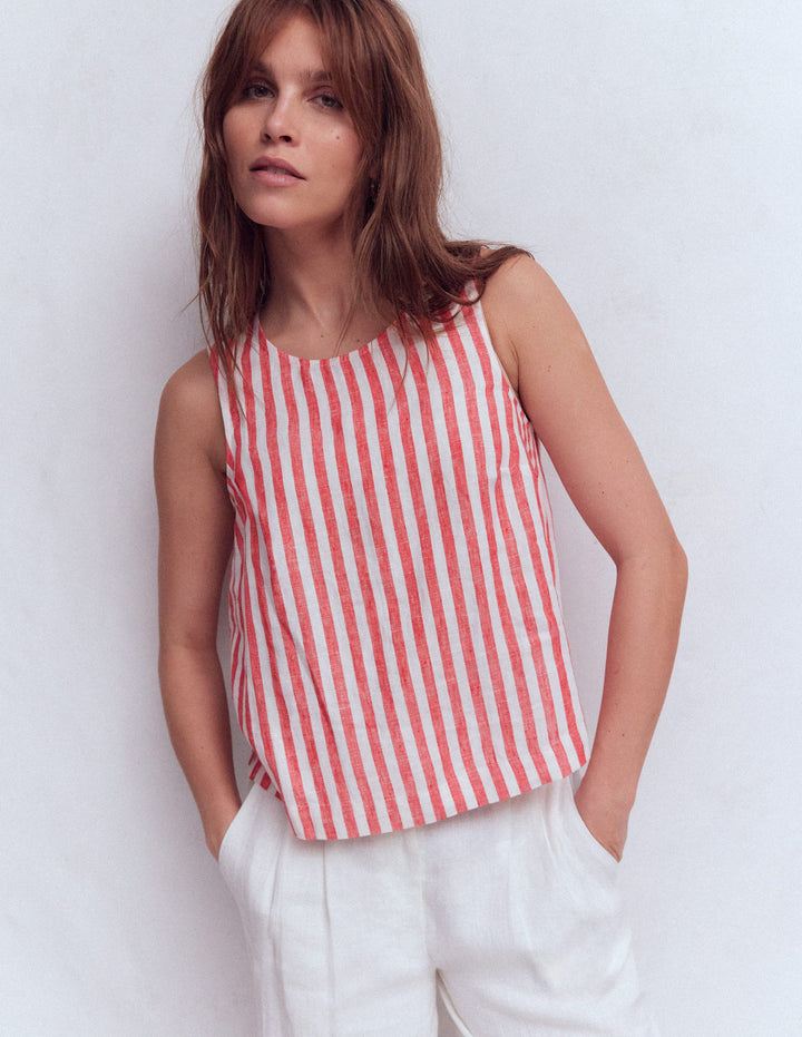 Sofia Linen Top-Bright Cherry and Ivory Stripe