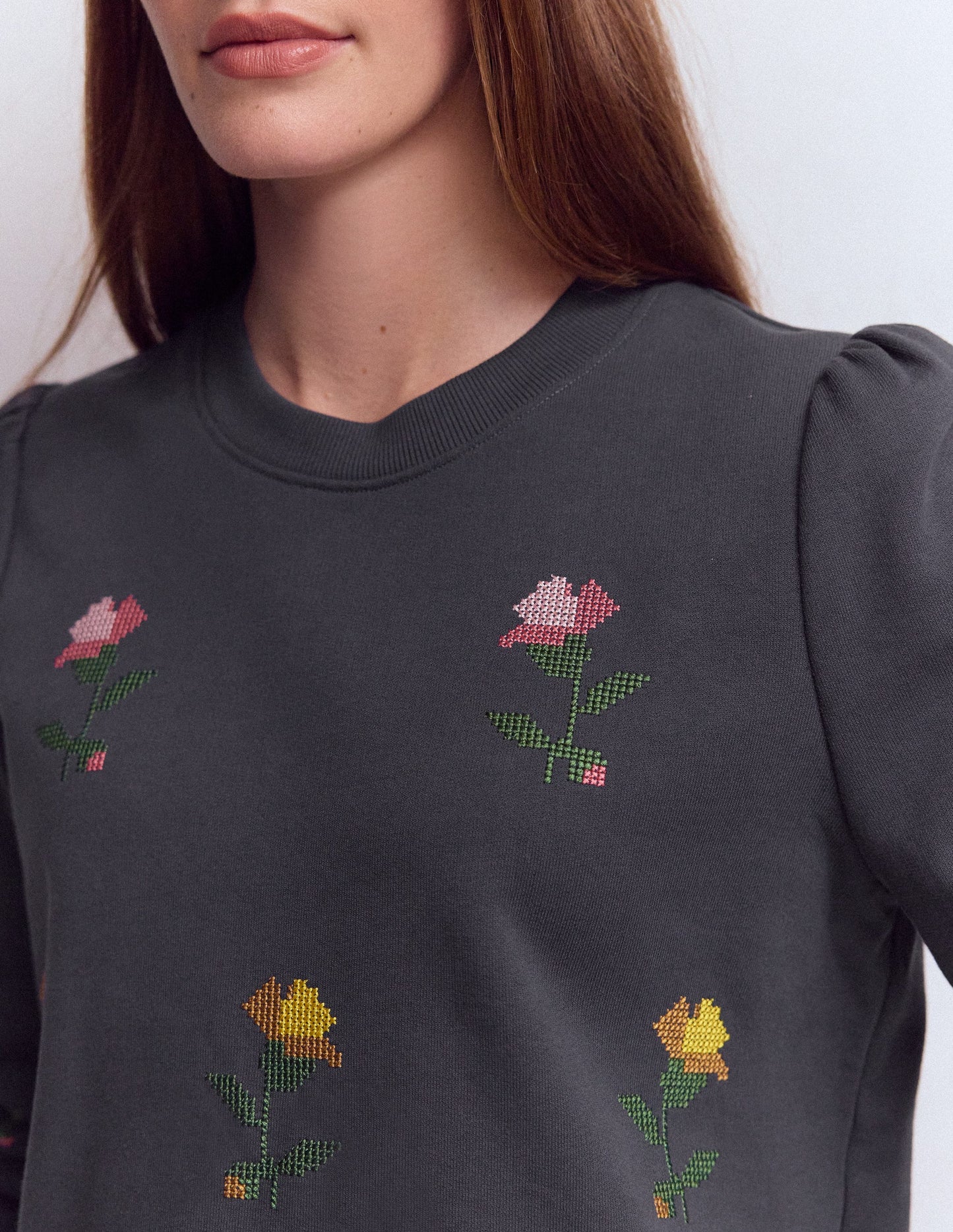 Puff Sleeve Embroidered Sweat-Cross Stitch Flower Embroidery