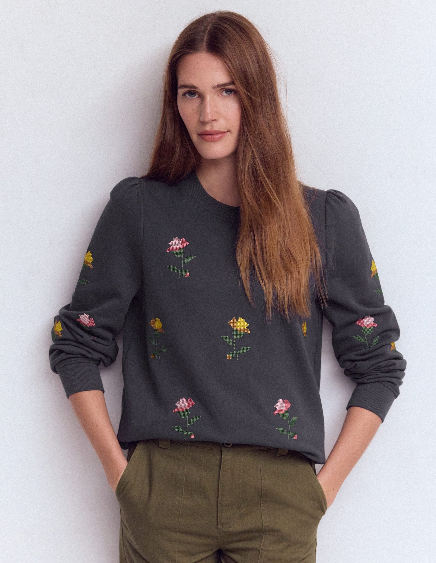 Puff Sleeve Embroidered Sweat-Cross Stitch Flower Embroidery