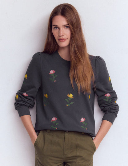 Puff Sleeve Embroidered Sweat-Cross Stitch Flower Embroidery-4