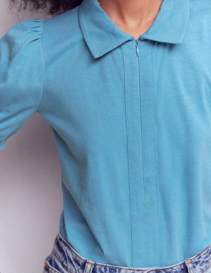 Short Sleeve Zip Collar Top-Silver Lake-2