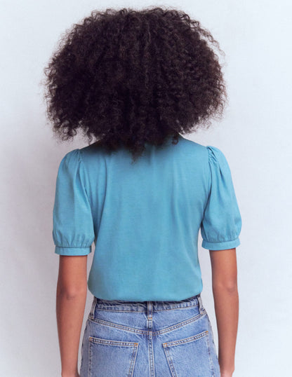 Short Sleeve Zip Collar Top-Silver Lake-3