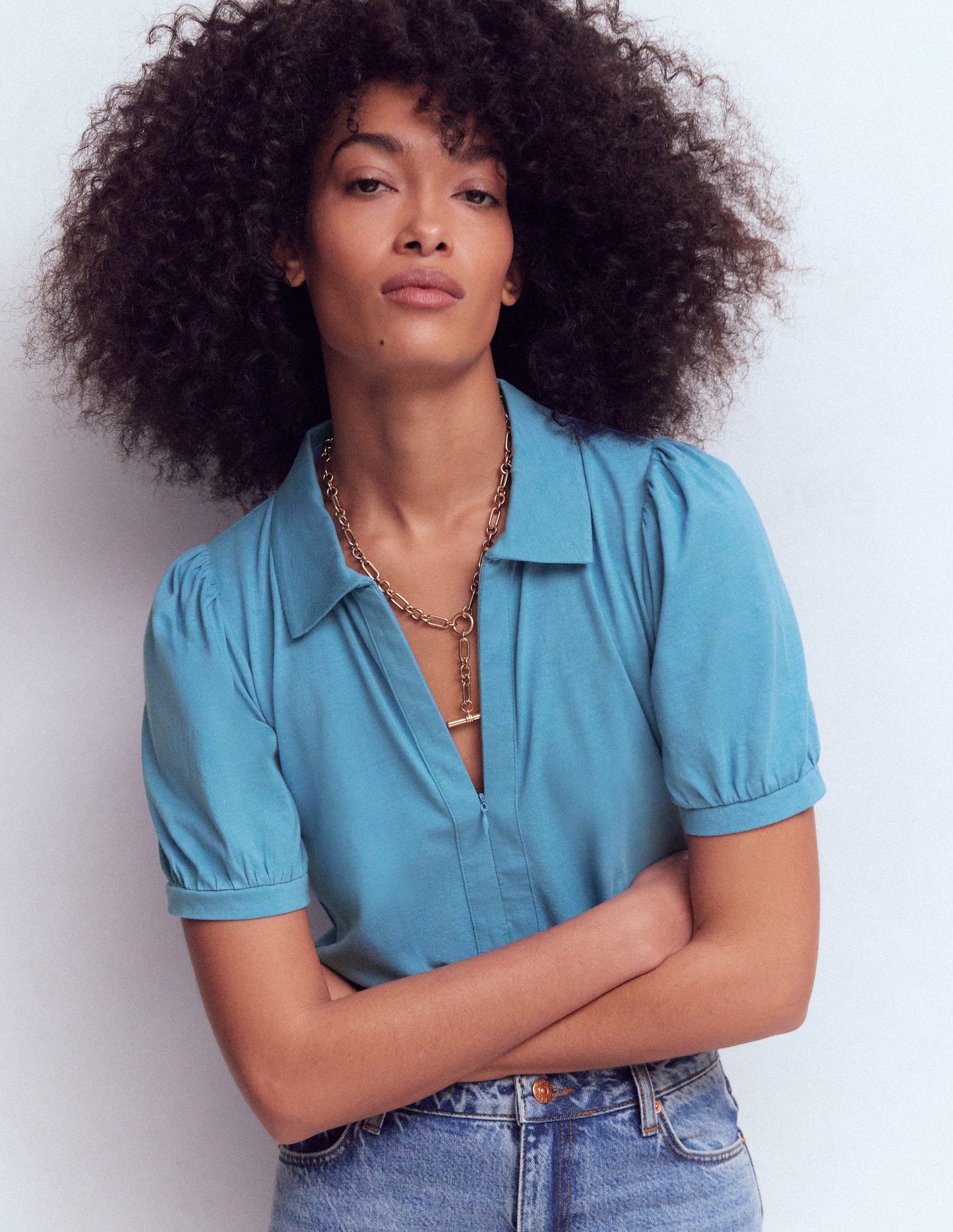 Short Sleeve Zip Collar Top-Silver Lake