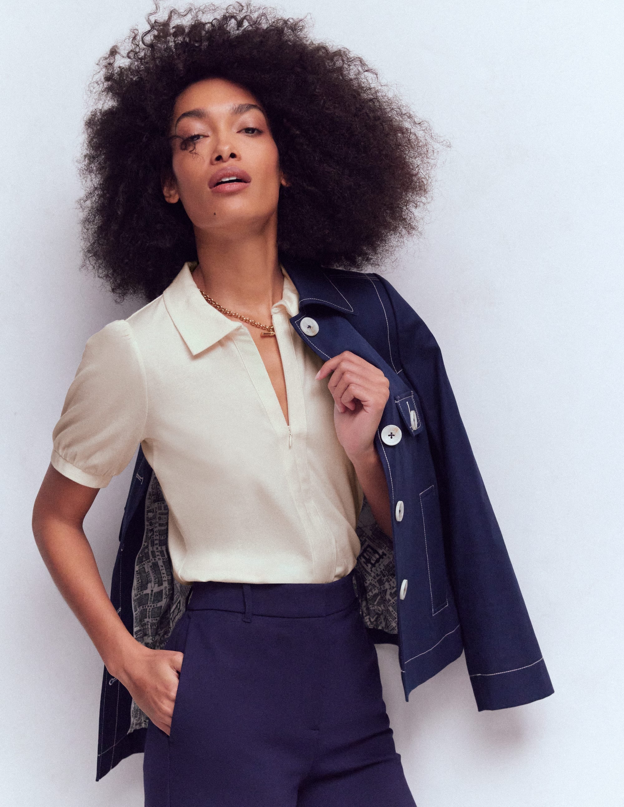 Short Sleeve Zip Collar Top-Ivory - Image 1