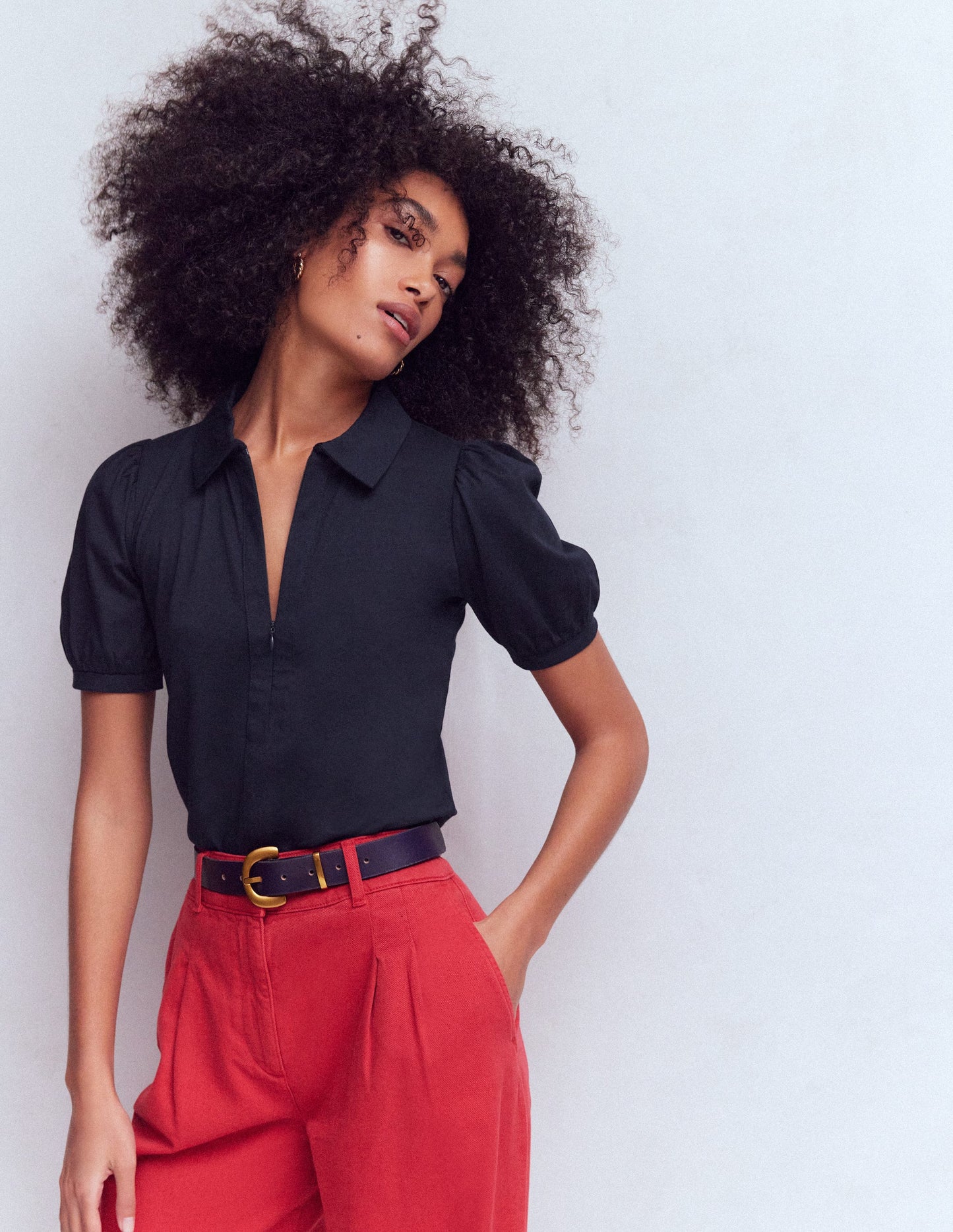 Short Sleeve Zip Collar Top-Navy