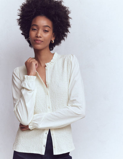Supersoft Smocked button top-Ivory-1