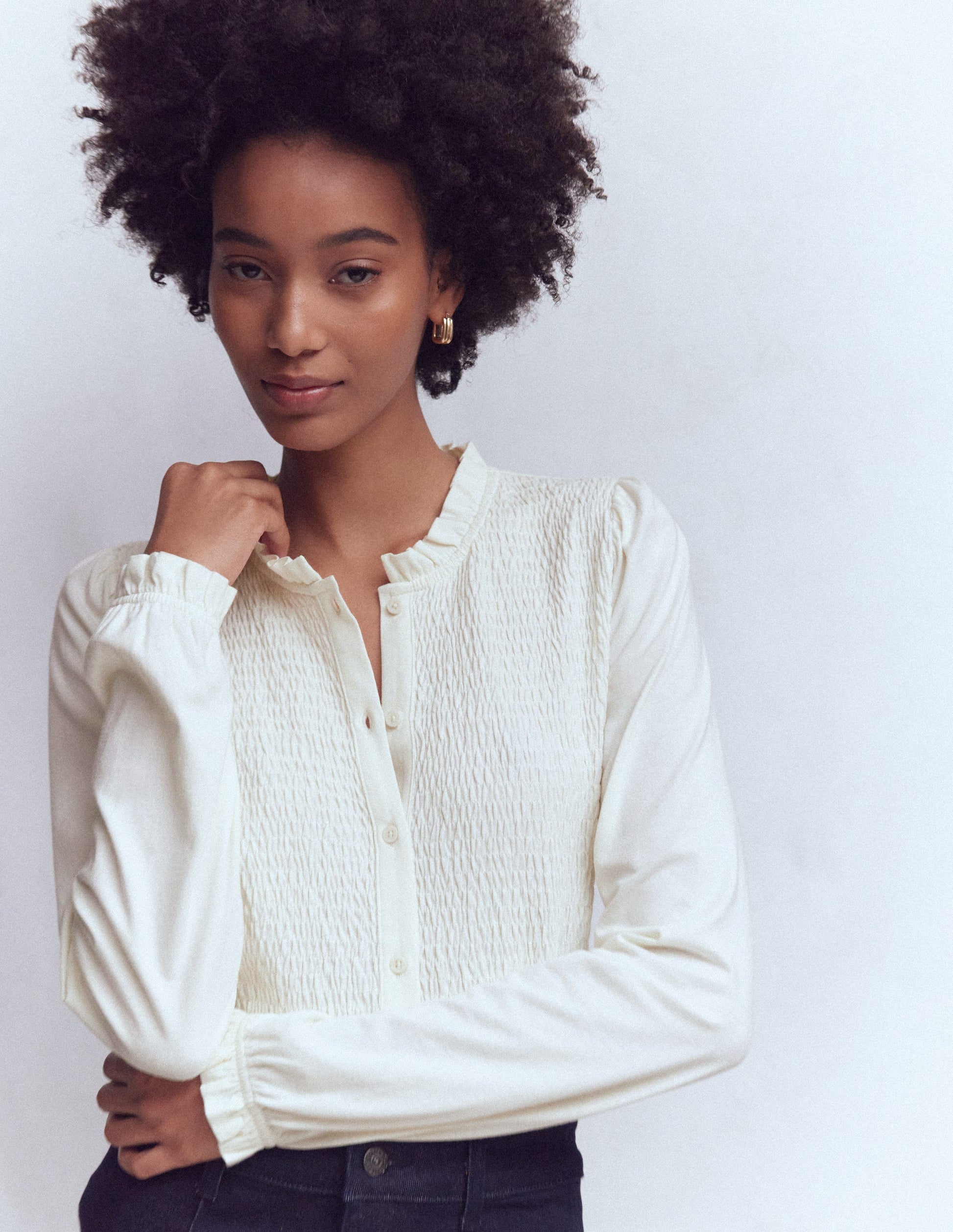 Supersoft Smocked button top-Ivory-5