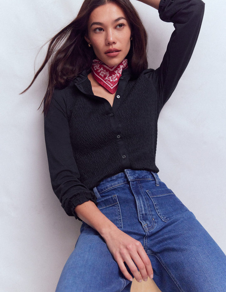 Supersoft Smocked button top-Navy