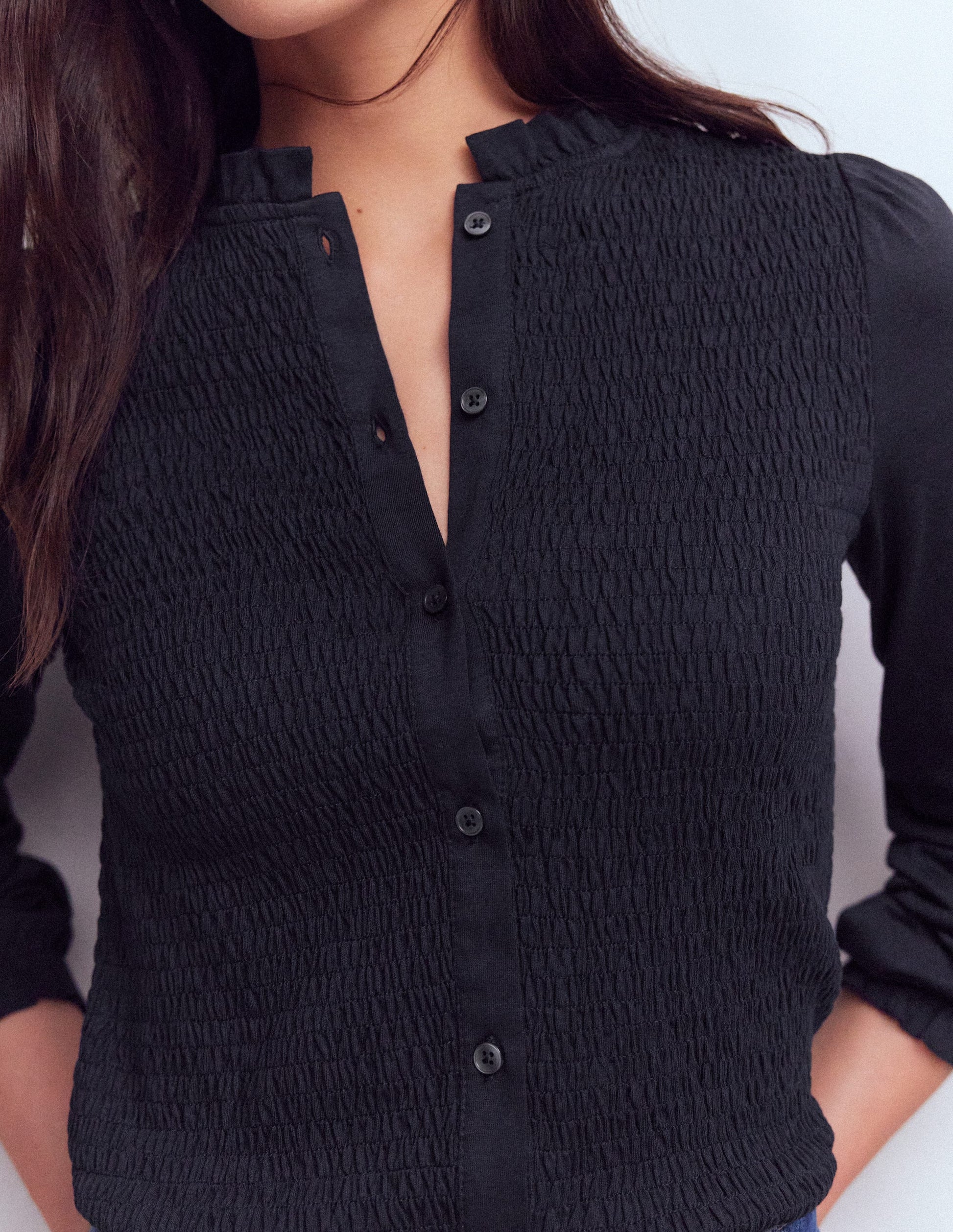 Supersoft Smocked button top-Navy-2