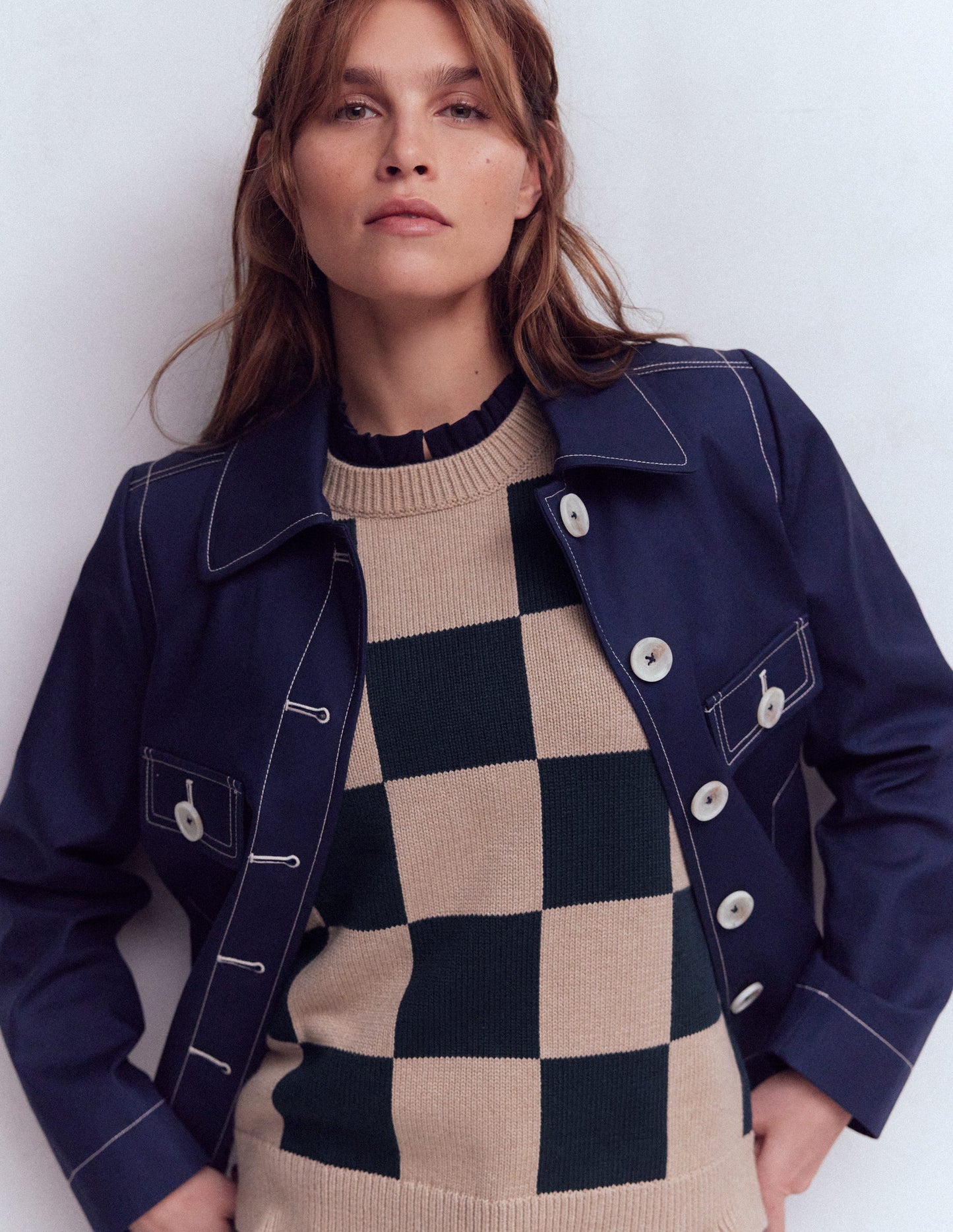 Supersoft Smocked button top-Navy