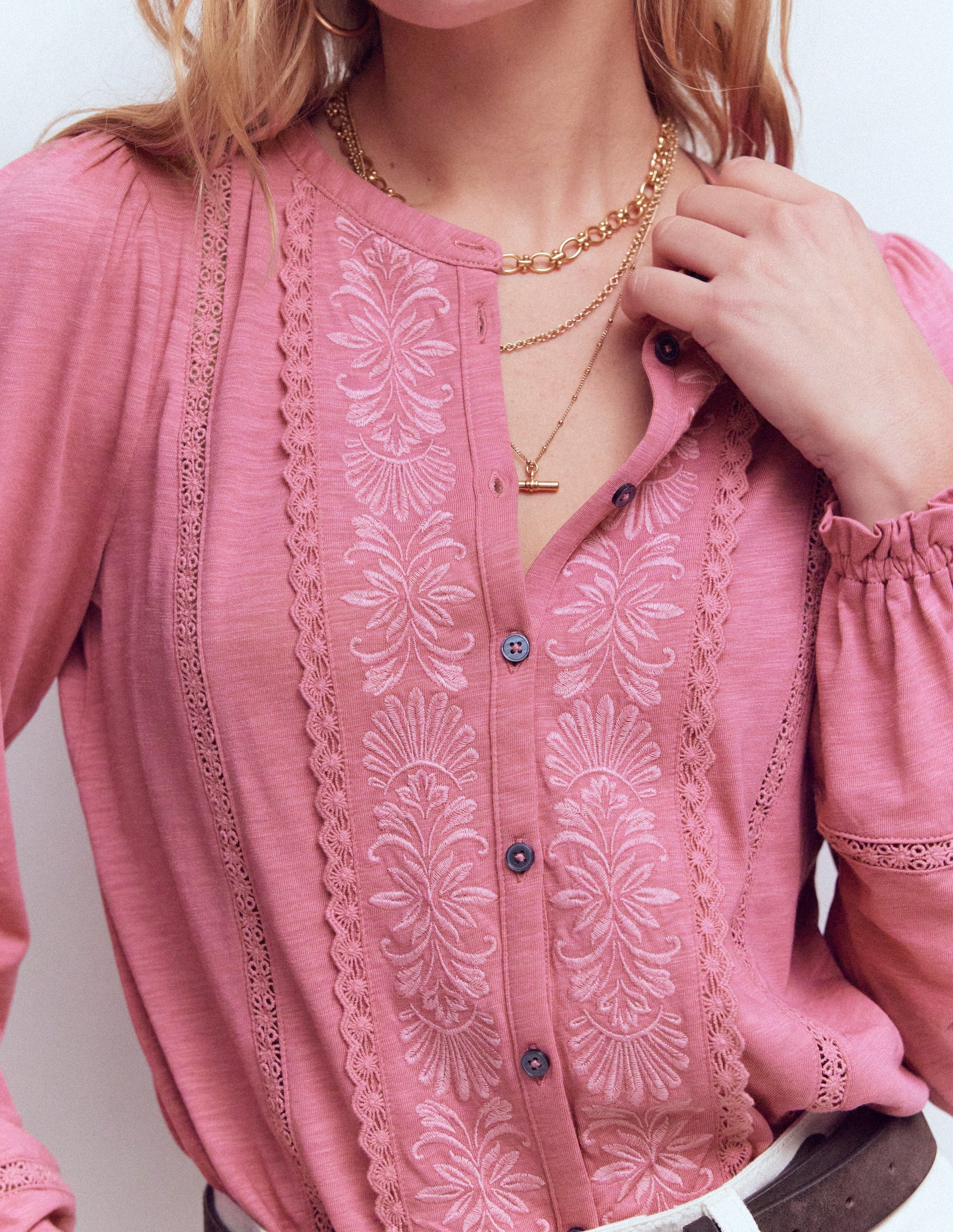 Embroidered Jersey Shirt-Pink Heather-2